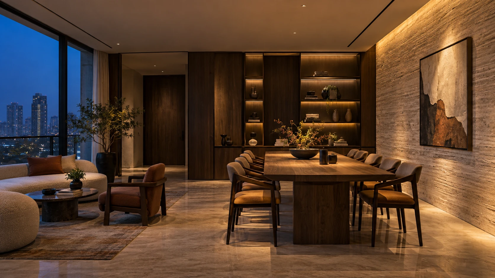 Considered task and accent lighting brings the table, artwork and stone wall to life