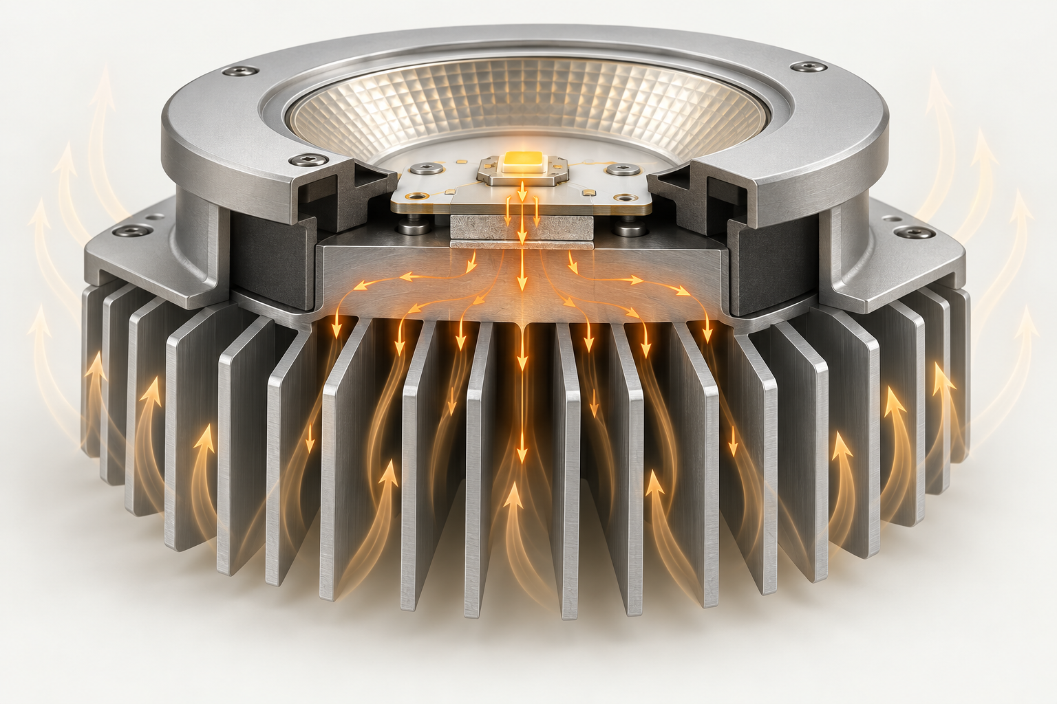 Illustrative cutaway: heat travels from the LED through the board and thermal interface into an aluminium heat sink, then to surrounding air